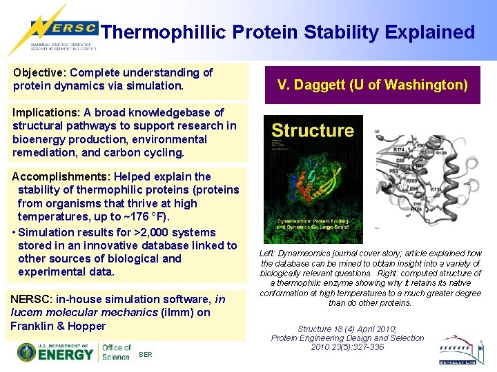 Thermophillic Protein Stability Explained Objective: Complete understanding of protein dynamics via simulation. V. Daggett