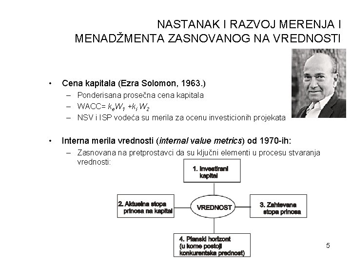 NASTANAK I RAZVOJ MERENJA I MENADŽMENTA ZASNOVANOG NA VREDNOSTI • Cena kapitala (Ezra Solomon,