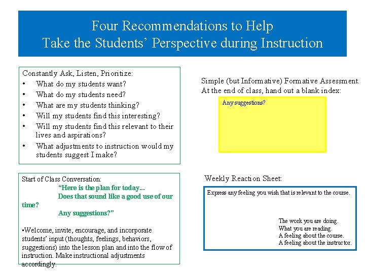 Four Recommendations to Help Take the Students’ Perspective during Instruction Constantly Ask, Listen, Prioritize: