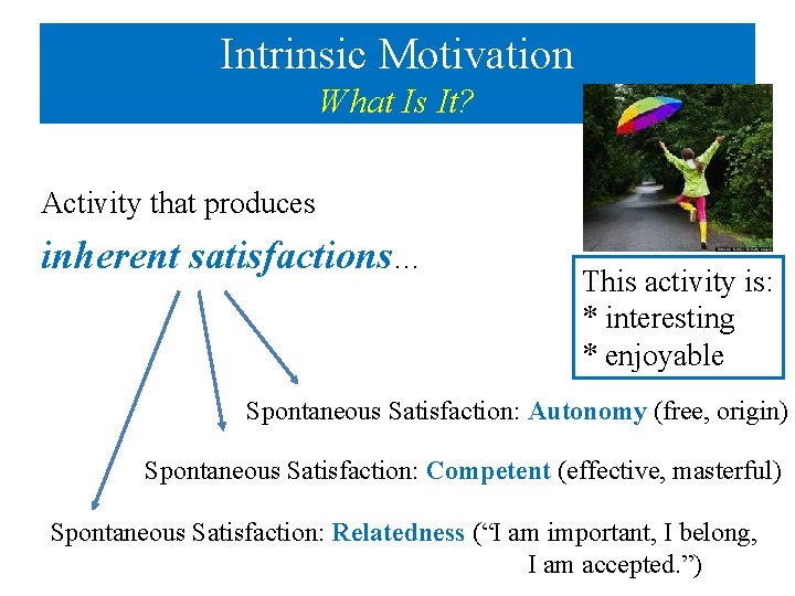 Intrinsic Motivation What Is It? Activity that produces inherent satisfactions… This activity is: *