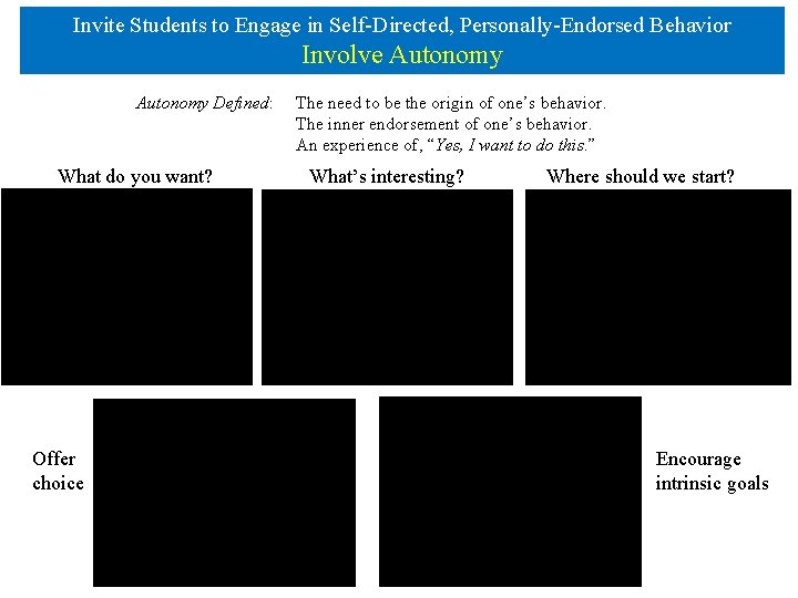 Invite Students to Engage in Self-Directed, Personally-Endorsed Behavior Involve Autonomy Defined: What do you