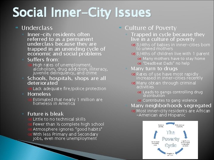 Social Inner-City Issues Underclass ◦ Inner-city residents often referred to as a permanent underclass