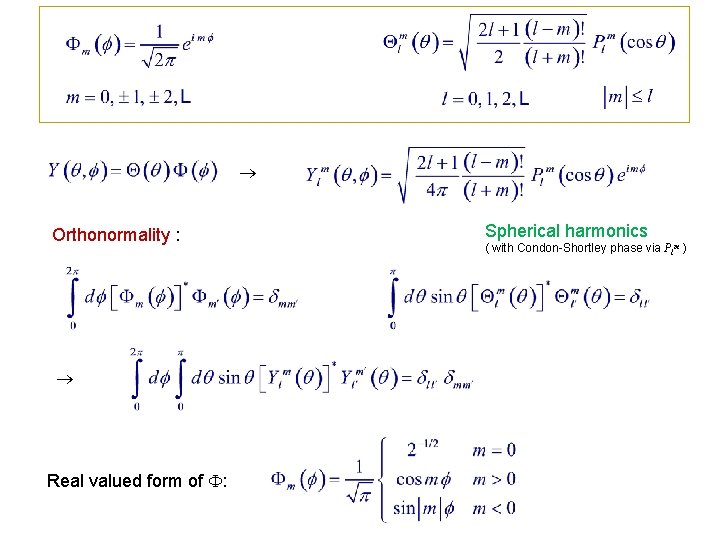  Orthonormality : Real valued form of : Spherical harmonics ( with Condon-Shortley phase