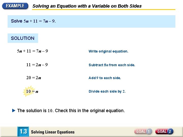 Solving an Equation with a Variable on Both Sides Solve 5 n + 11