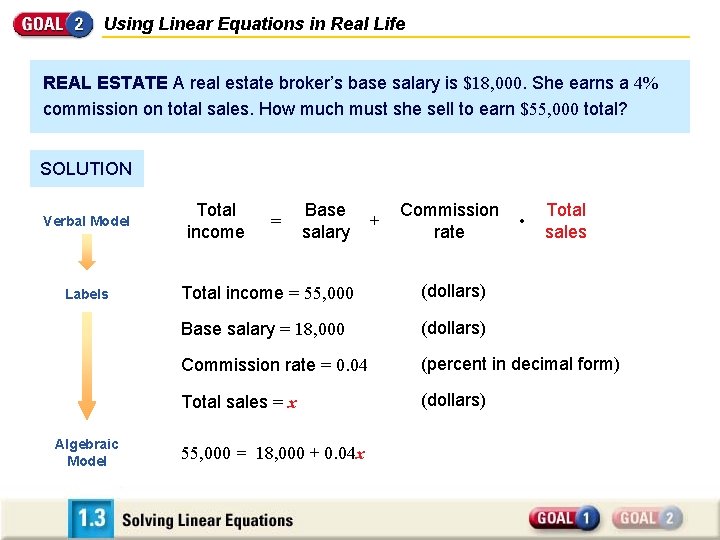 Using Linear Equations in Real Life REAL ESTATE A real estate broker’s base salary
