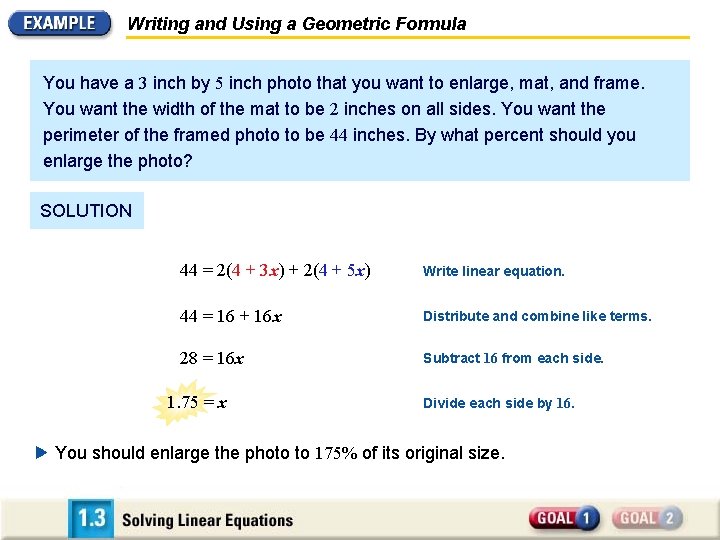Writing and Using a Geometric Formula You have a 3 inch by 5 inch
