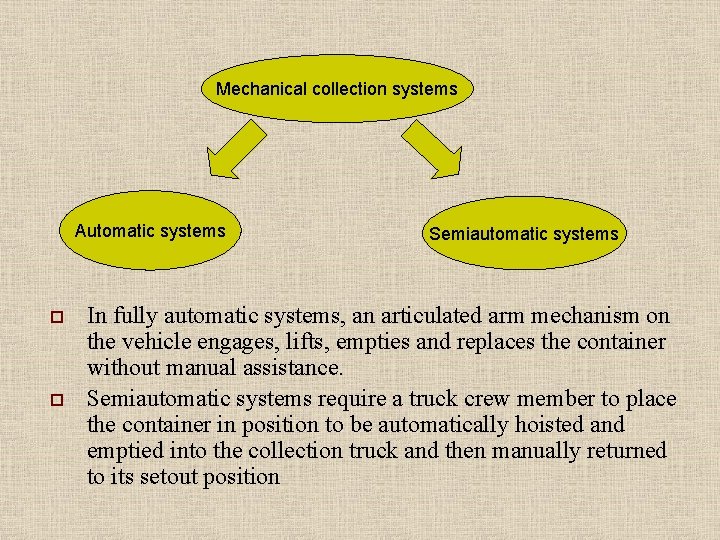 Mechanical collection systems Automatic systems o o Semiautomatic systems In fully automatic systems, an