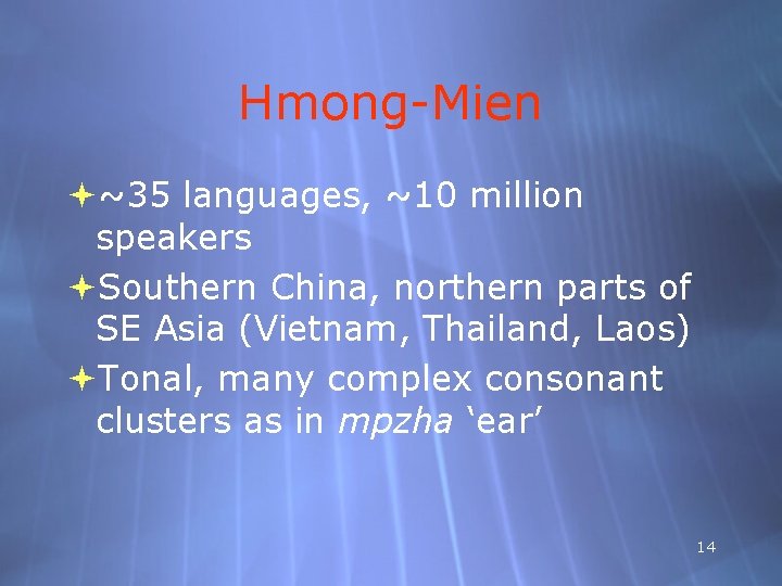 Hmong-Mien ~35 languages, ~10 million speakers Southern China, northern parts of SE Asia (Vietnam,