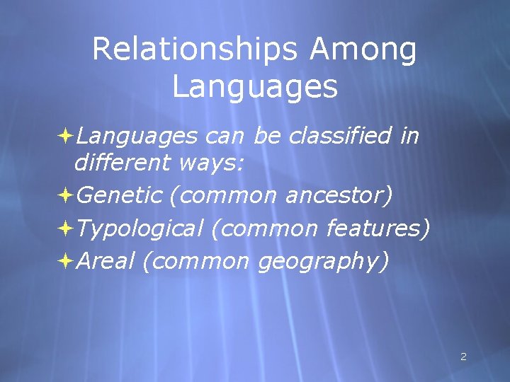 Relationships Among Languages can be classified in different ways: Genetic (common ancestor) Typological (common