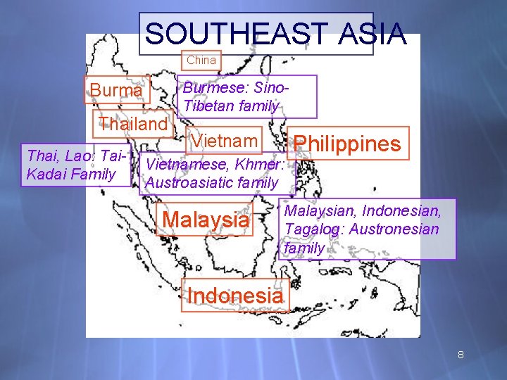 SOUTHEAST ASIA China Burma Thailand Thai, Lao: Tai. Kadai Family Burmese: Sino. Tibetan family