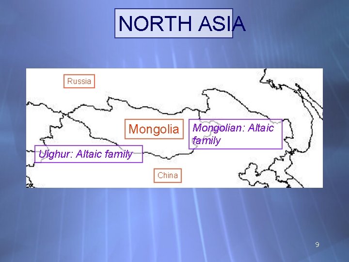 NORTH ASIA Russia Mongolian: Altaic family Uighur: Altaic family China 9 