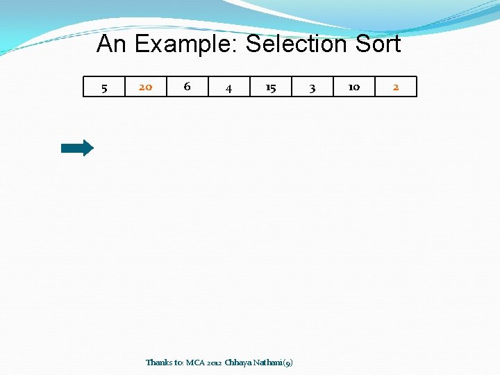 An Example: Selection Sort 5 20 6 4 15 Thanks to: MCA 2012 Chhaya