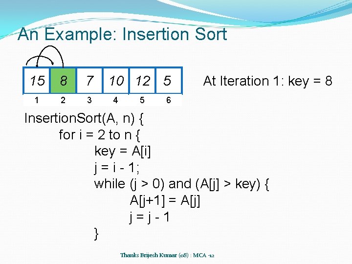 An Example: Insertion Sort 15 8 7 1 2 3 10 12 5 4