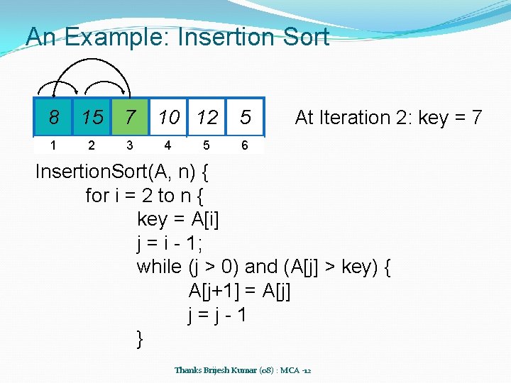 An Example: Insertion Sort 8 15 7 1 2 3 10 12 4 5