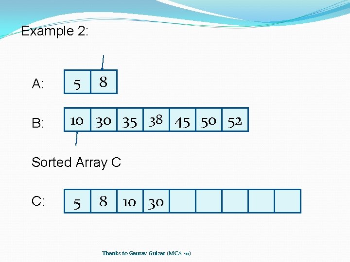 Example 2: A: 5 8 B: 10 30 35 38 45 50 52 Sorted