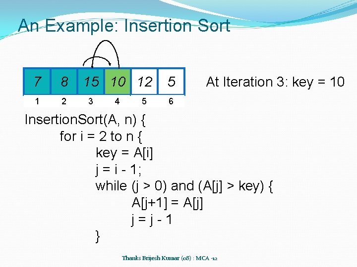 An Example: Insertion Sort 7 8 1 2 15 10 12 3 4 5