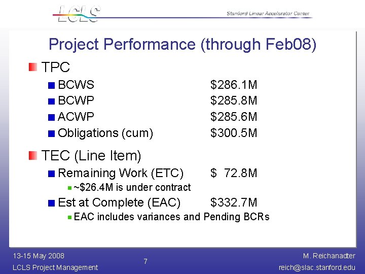 Project Performance (through Feb 08) TPC BCWS BCWP ACWP Obligations (cum) $286. 1 M