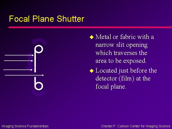 Focal Plane Shutter u Metal or fabric with a narrow slit opening which traverses