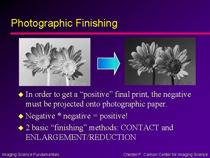 Photographic Finishing u In order to get a “positive” final print, the negative must