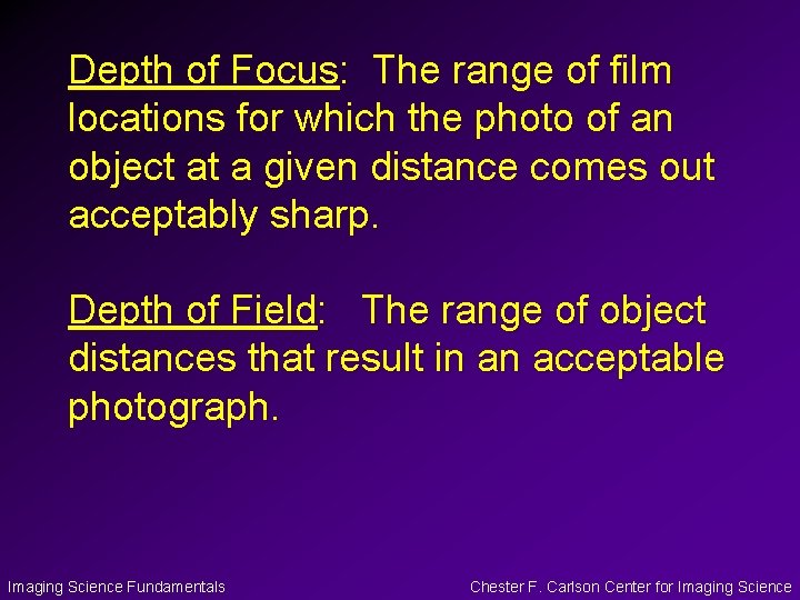 Depth of Focus: The range of film locations for which the photo of an