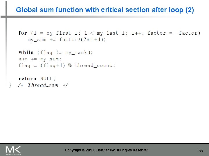 Global sum function with critical section after loop (2) Copyright © 2010, Elsevier Inc.