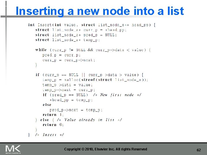 Inserting a new node into a list Copyright © 2010, Elsevier Inc. All rights