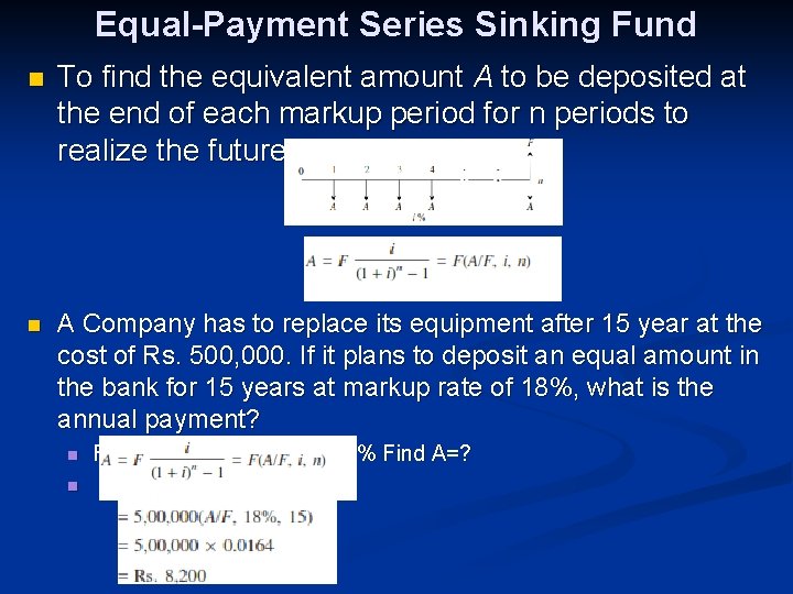 Equal-Payment Series Sinking Fund n To find the equivalent amount A to be deposited