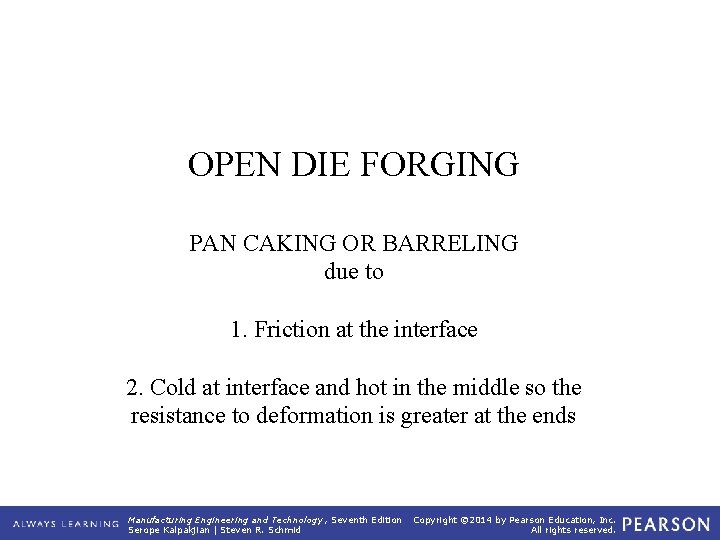 OPEN DIE FORGING PAN CAKING OR BARRELING due to 1. Friction at the interface
