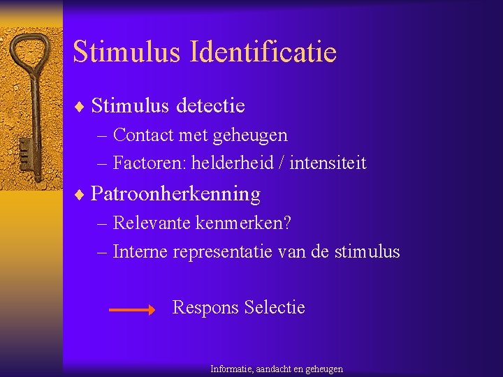 Stimulus Identificatie ¨ Stimulus detectie – Contact met geheugen – Factoren: helderheid / intensiteit