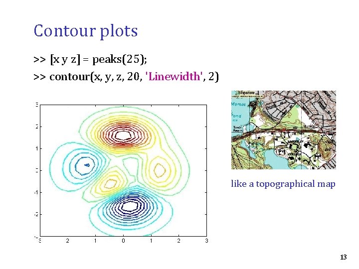 Contour plots >> [x y z] = peaks(25); >> contour(x, y, z, 20, 'Linewidth',