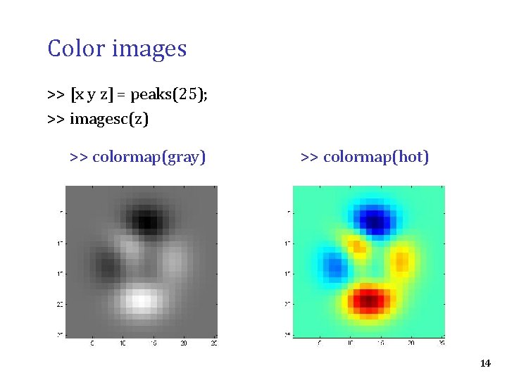 Color images >> [x y z] = peaks(25); >> imagesc(z) >> colormap(gray) >> colormap(hot)