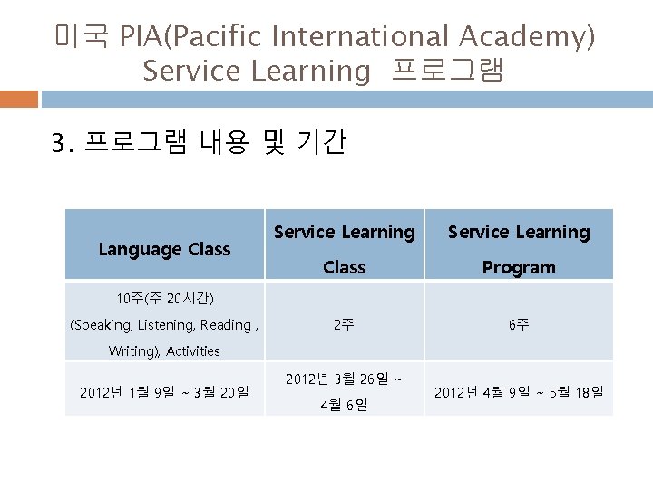 미국 PIA(Pacific International Academy) Service Learning 프로그램 3. 프로그램 내용 및 기간 Language Class