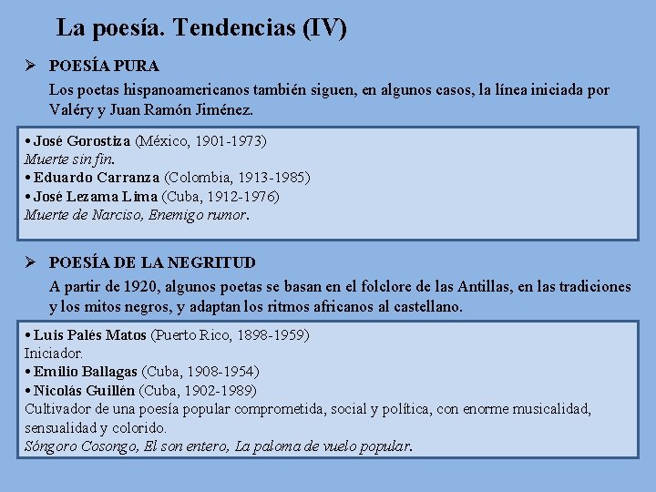 La poesía. Tendencias (IV) Ø POESÍA PURA Los poetas hispanoamericanos también siguen, en algunos