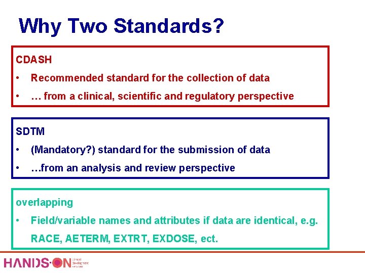 Why Two Standards? CDASH • Recommended standard for the collection of data • …