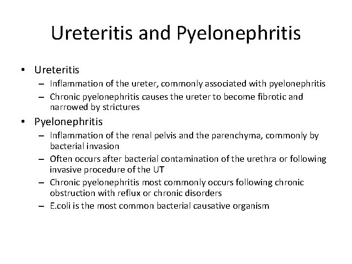 Ureteritis and Pyelonephritis • Ureteritis – Inflammation of the ureter, commonly associated with pyelonephritis