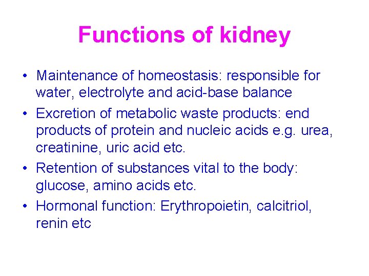 Functions of kidney • Maintenance of homeostasis: responsible for water, electrolyte and acid-base balance