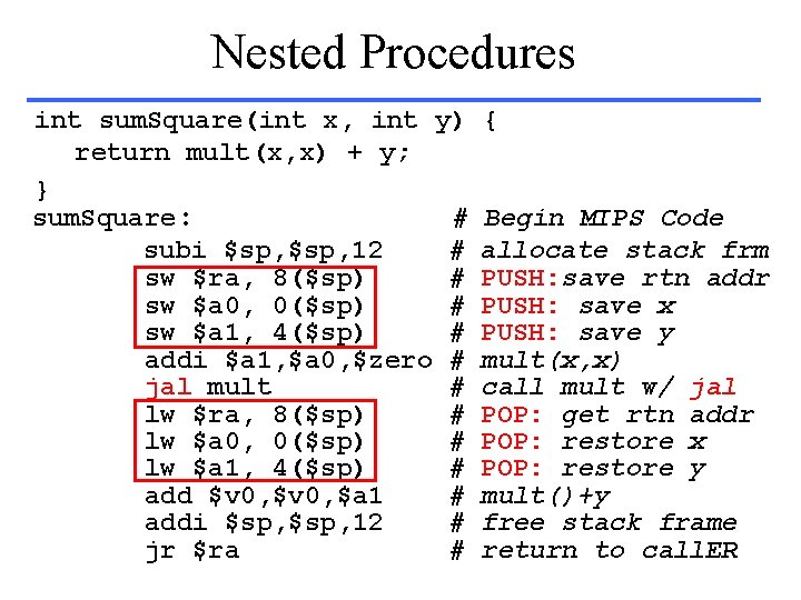 Nested Procedures int sum. Square(int x, int y) return mult(x, x) + y; }