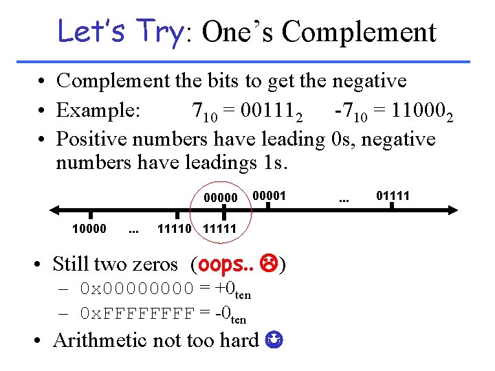 Let’s Try: One’s Complement • Complement the bits to get the negative • Example:
