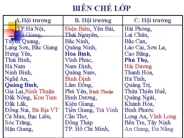 BIÊN CHẾ LỚP A. Hội trường TP. Hà Nội, Hà Giang, Tuyên Quang, Lạng