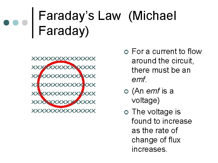 Faraday’s Law (Michael Faraday) xxxxxxxxxxxxxxx xxxxxxxxxxxxxxx ¢ ¢ ¢ For a current to flow