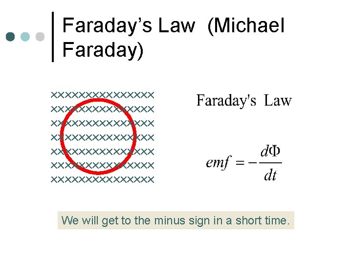 Faraday’s Law (Michael Faraday) xxxxxxxxxxxxxxx xxxxxxxxxxxxxxx We will get to the minus sign in