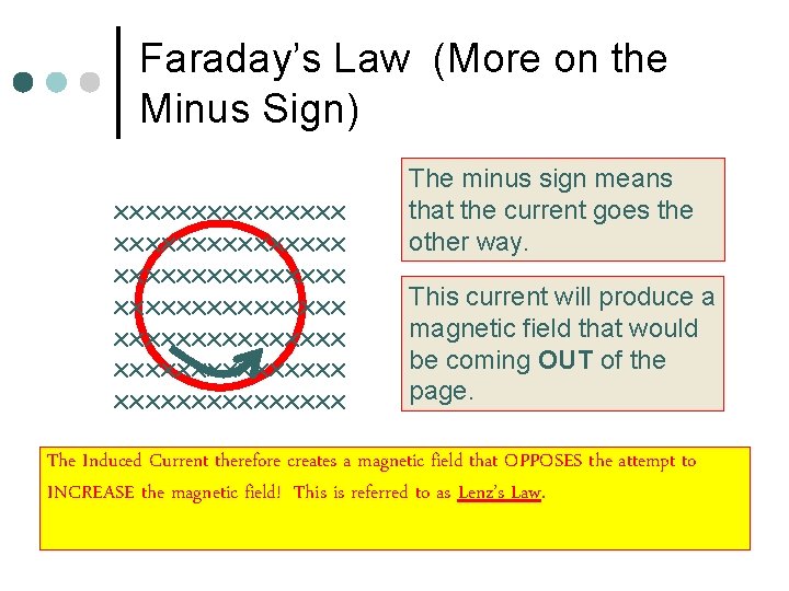 Faraday’s Law (More on the Minus Sign) xxxxxxxxxxxxxxx xxxxxxxxxxxxxxx The minus sign means that