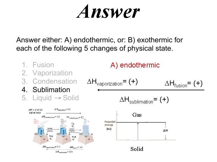 Answer A) endothermic Hvaporization= (+) Hfusion= (+) Hsublimation= (+) Gas Solid 
