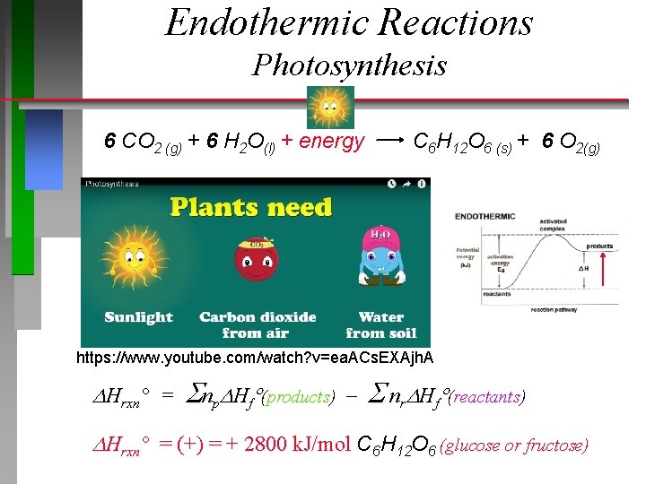 Endothermic Reactions Photosynthesis 6 CO 2 (g) + 6 H 2 O(l) + energy