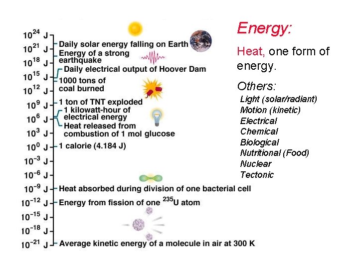 Energy: Heat, one form of energy. Others: Light (solar/radiant) Motion (kinetic) Electrical Chemical Biological