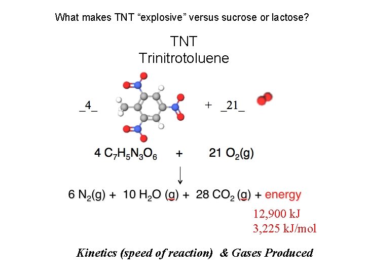 What makes TNT “explosive” versus sucrose or lactose? TNT Trinitrotoluene 12, 900 k. J
