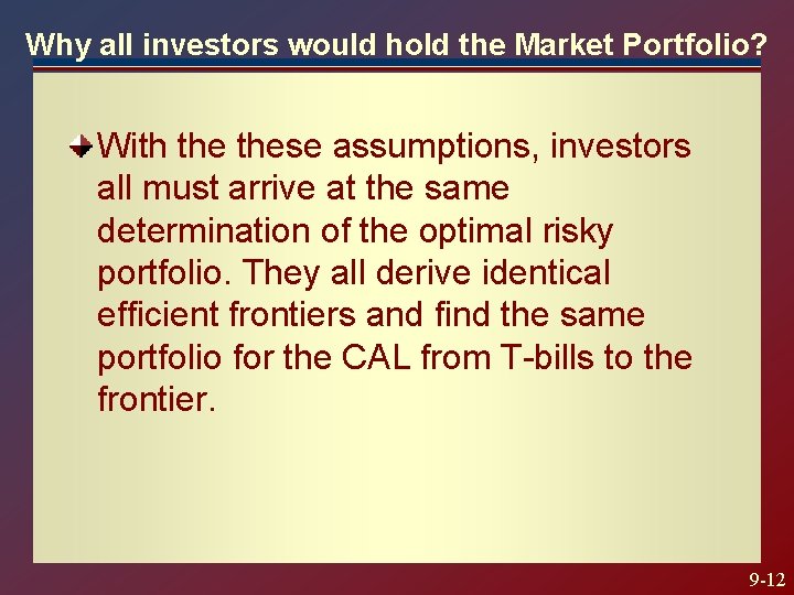 Why all investors would hold the Market Portfolio? With these assumptions, investors all must Why all investors would hold the Market Portfolio? With these assumptions, investors all must