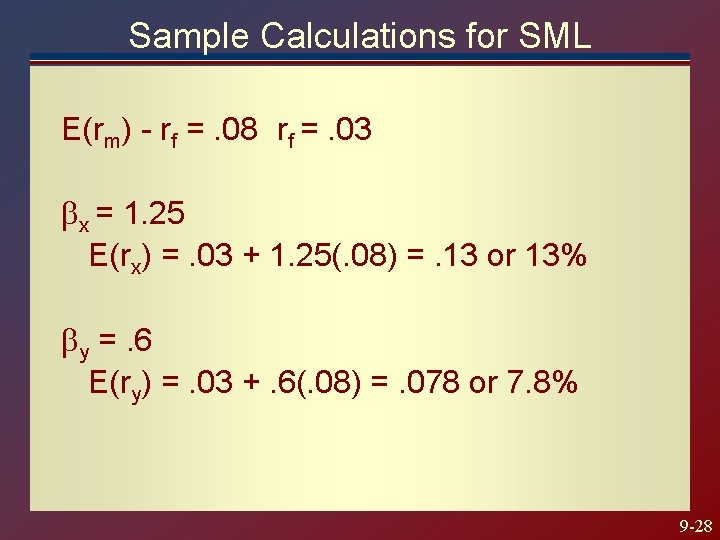 Sample Calculations for SML E(rm) - rf =. 08 rf =. 03 x = Sample Calculations for SML E(rm) - rf =. 08 rf =. 03 x =
