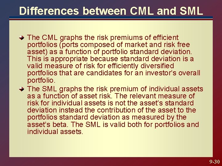 Differences between CML and SML The CML graphs the risk premiums of efficient portfolios Differences between CML and SML The CML graphs the risk premiums of efficient portfolios