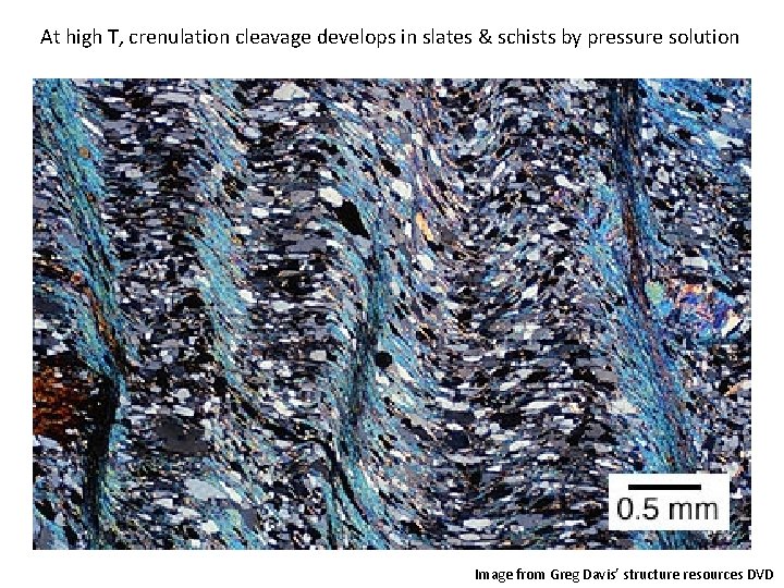 At high T, crenulation cleavage develops in slates & schists by pressure solution Image